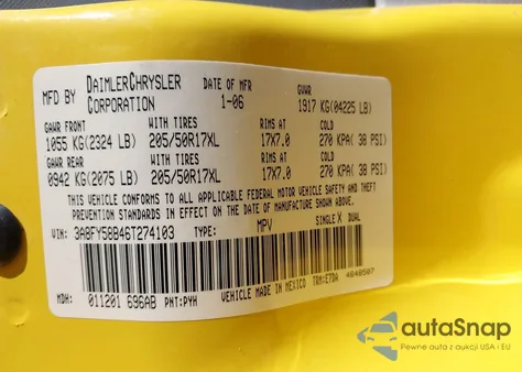 2006 Chrysler Pt Cruiser Touring from USA, damaged, VIN 3A8FY58B46T274103